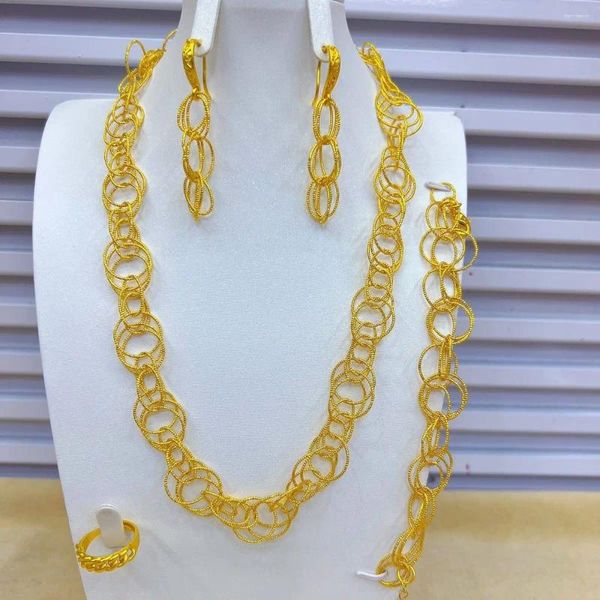 Conjunto de collar y pendientes chapado en oro de 24 quilates, joyería de Dubái, pulsera, anillo para mujer, boda nupcial de cuatro YY10215, 2023