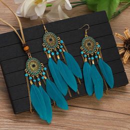 Collier Boucles d'oreilles Set 2pcs Plume Earring Featring Women's Vintage Sun Perles Perles Chaîne Tassel Corde en cuir fait à la main