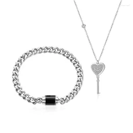 Ensemble de 2 pièces de collier et boucles d'oreilles, pendentif clé en forme de cœur, Bracelet à serrure en acier inoxydable, bijoux de Couple à la mode pour femmes et hommes, livraison directe