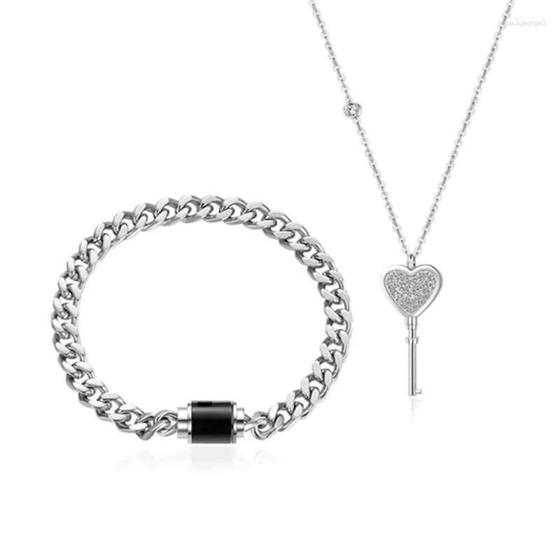 Ketting Oorbellen Set 2 stuks Hart Sleutel Hanger Rvs Slot Armband Mode Paar Sieraden Voor Vrouwen Mannen DropShip