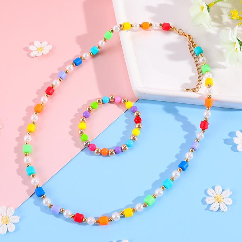 Ensemble de 2 colliers et boucles d'oreilles en perles colorées, bijoux à la mode, Bracelet en cristal mignon pour filles, cadeau d'anniversaire pour enfants, fête