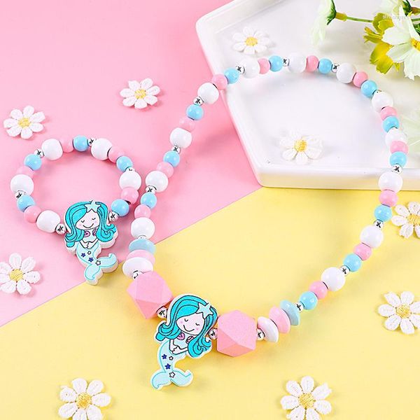 Conjunto de 2 pendientes de collar, joyería de cuentas de madera Natural a la moda, pulsera con patrón de Animal bonito para fiesta de niños, regalo de cumpleaños para niña