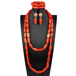 Ketting Oorbellen Set 2 Rijen Oranje Koraal Armband Nigeriaanse Dubai Bruiloft Afrikaanse Bruids Kralen Sieraden Voor Vrouwen (Rond)