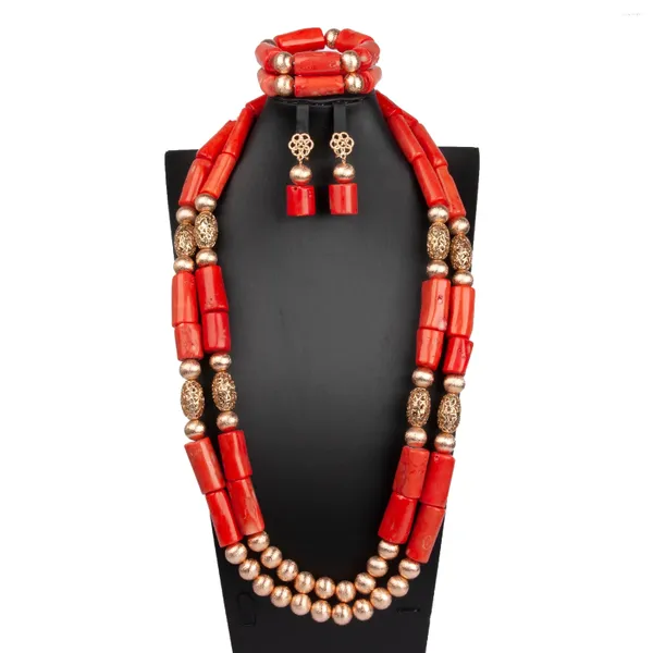 Conjunto de collar y pendientes, 2 filas, pulsera de Coral naranja, boda nigeriana de Dubái, cuentas nupciales africanas, joyería para mujer (flor)