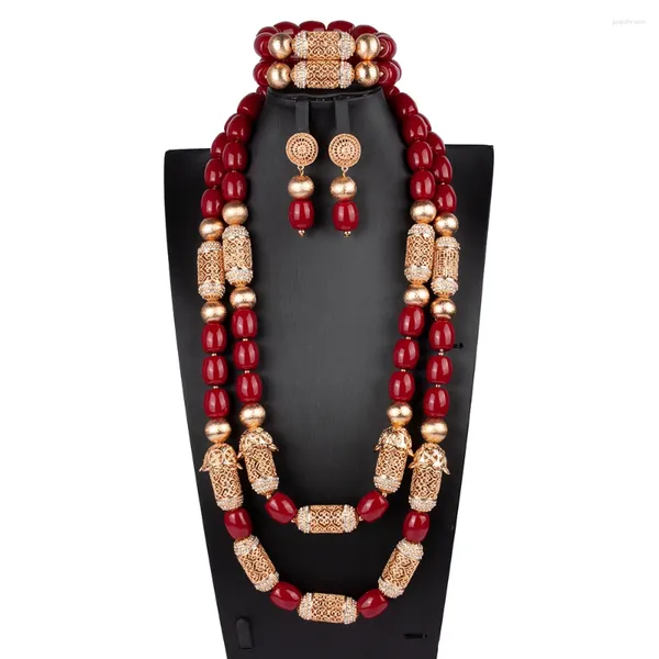 Ensemble de boucles d'oreilles et collier en corail rouge pour femmes, 2 rangées, Bracelet nigérian, dubaï, perles de mariée africaines, bijoux pour femmes (boule rouge)