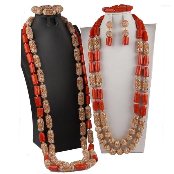 Ensemble de 2 colliers et boucles d'oreilles en corail Orange, bijoux de mariage nigérian à dubaï, perles de mariée africaines pour femmes et hommes