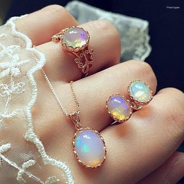 Ensemble de boucles d'oreilles et collier pour femmes, 3 pièces/1 ensemble, bijoux en opale naturelle, pendentif en pierre précieuse en cristal, accessoires de bague à la mode