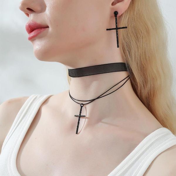 Collar Pendientes Set 3 piezas Black Cross Lace CHOKER Jewelry