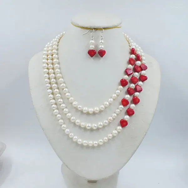 Juego de collar y pendientes de 3 filas de collar y pendientes de perlas naturales/coral de 8 mm. Joyería de boda de novia perfecta