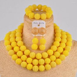 Necklace Earrings Set 3 Rows Yellow Simulated Pearl African Beads Jewelry