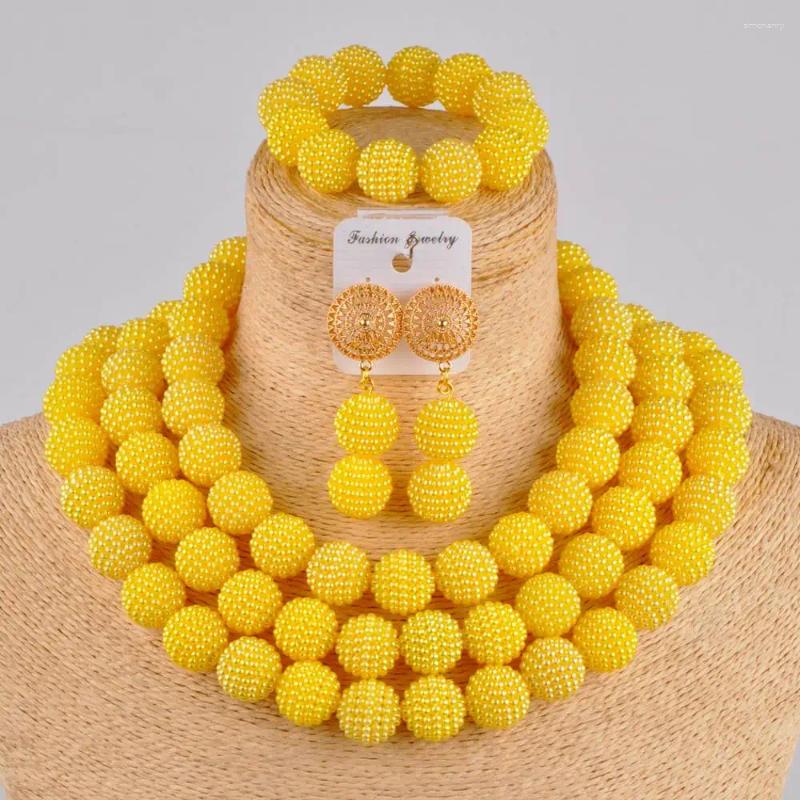 Halskette-Ohrringe-Set, 3 Reihen, gelbe künstliche Perlen, afrikanischer Perlenschmuck