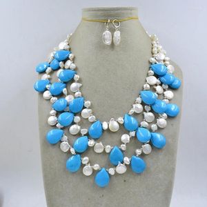 Ensemble de boucles d'oreilles et collier 3 brins de perles naturelles/pierres semi-précieuses, bijoux de mariage pour femmes