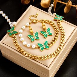 Ketting oorbellen set 316L roestvrij staal groen vlinder micro ingelegde zirkon parel dikke ketting oorbel armband bruiloft sieraden