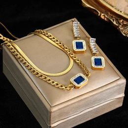 Boucles d'oreilles de collier Set 316L en acier inoxydable rétro à double chaîne à double couche à double couche carrée en zircon bleu complet bijoux de mariage