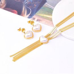 Collier boucles d'oreilles ensemble en acier inoxydable 316L 2 couches perle amour coeur forme longue gland pendentif colliers mode haute joaillerie fête cadeau E45