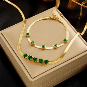 Boucles d'oreilles de collier Set 316L en acier inoxydable rétro vert couleur coeur zircon accessoire bracelet osseux de serpent bijoux de mariage