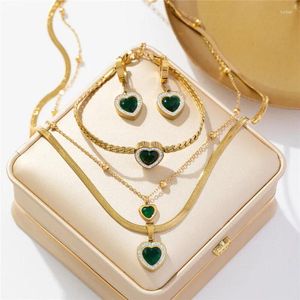 Ketting oorbellen set 316L roestvrij staal smaragd zirkoon dubbele laag kralenketen groene hartkwaliteit armband bruiloft sieraden