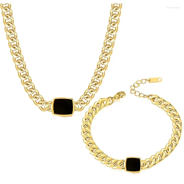 Ensemble collier et boucles d'oreilles en acier inoxydable 316L, chaîne épaisse assortie avec tout, Bracelet carré en titane noir, bijoux de mariée