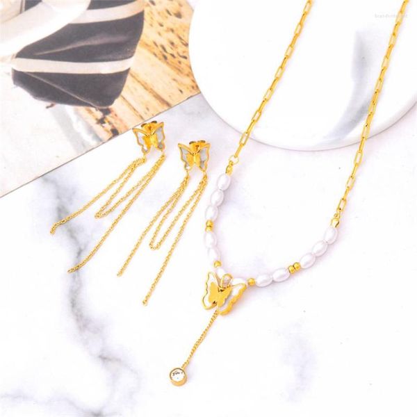 Conjunto de collar y pendientes de acero inoxidable 316L, colgante de perla de mariposa de concha marina natural blanca, pendiente de cadena con dije, joyería de moda para fiesta