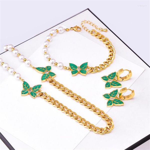 Collier Boucles D'oreilles Ensemble En Acier Inoxydable 316L Zircon Papillon Pendentif Perle Split Joint Chaîne Colliers Bracelet Boucle D'oreille De Mode Haute Joaillerie