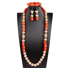 Halskette Ohrringe Set 32 Zoll Original Korallen Perlen Afrikanischer Schmuck Einlagig Nigerian Hochzeit Braut Geschenk ABG182