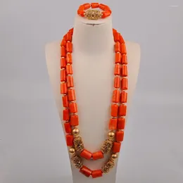 Ensemble de collier et boucles d'oreilles de 32 pouces de Long, perles de corail nigérianes Orange, bijoux pour hommes, marié de mariage africain