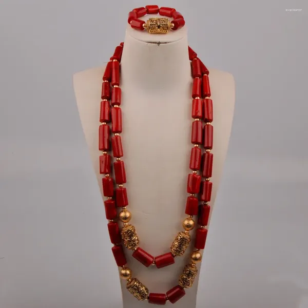 Ensemble de boucles d'oreilles et collier de 32 pouces de Long, perles de corail rouge, bijoux pour marié, mariage africain et nigérian pour hommes