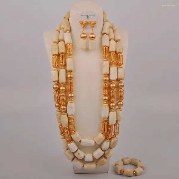 Ensemble de boucles d'oreilles et collier de 32 pouces de Long, perles de corail blanches, bijoux de mariage nigérian, mariée africaine
