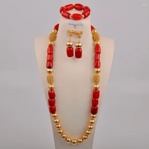 Ensemble de boucles d'oreilles et collier 32 pouces, bijoux africains en corail rouge pour femmes, mariage nigérian