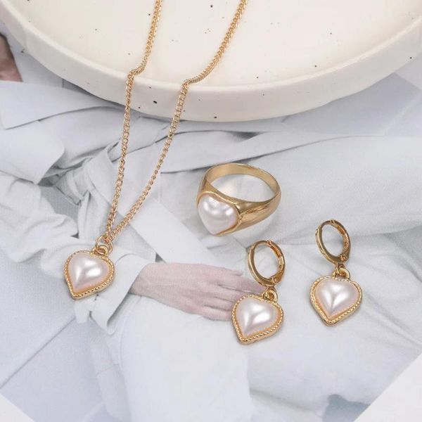 Collier Boucles d'oreilles Set 3pcs Fashion Pearl Jewelry for Women Corean Heart Ring Pendant Hoop Trendy Elegant Wedding Gift