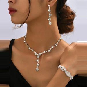 Ensemble de 3 colliers et boucles d'oreilles en strass, chaîne à pampilles florales et Bracelet goutte, bijoux de mariée de mariage