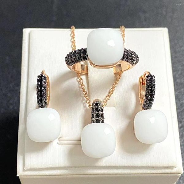 Conjunto de pendientes de collar 3 unids/set 10,6mm anillo clásico para mujer joyería con incrustaciones de circón negro pistola de cristal plateado