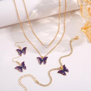 Necklace Earrings Set 3PCS/SET Butterfly Pearl Crystals Romantic Jewelry Bracelet Earring For Women Wedding Cute Dress Accessories