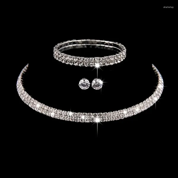 Boucles d'oreilles Collier Set 3pcs / Set Fashion Crystal Bijoux Bridal For Women Charm Silver Color Colonstone Bracelet Mariage de mariage