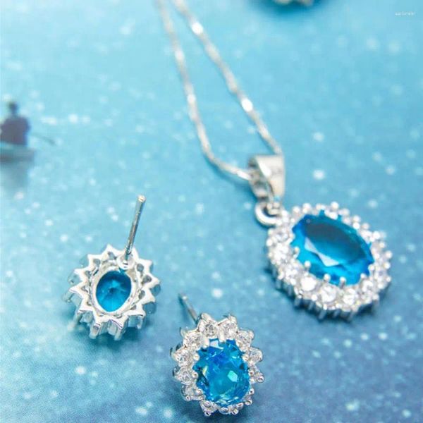 Conjunto de collar y pendientes, 3 unidades/juego de gemas ovaladas de imitación, anillo con dije de diamantes de imitación, joyería de moda para mujer