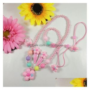 Collier Boucles d'oreilles Ensemble 3pcs / Set Sweet Enfants Bijoux Arons Mignon Résine Perle Bague Et Hairgrips Fleur Bonbons Pendentif En Gros Dhszi