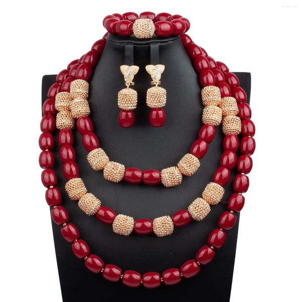 Conjunto de collar y pendientes de 3 filas para mujer, pulsera de Coral rojo, cuentas nigerianas de boda africanas de Dubái, joyería para mujer