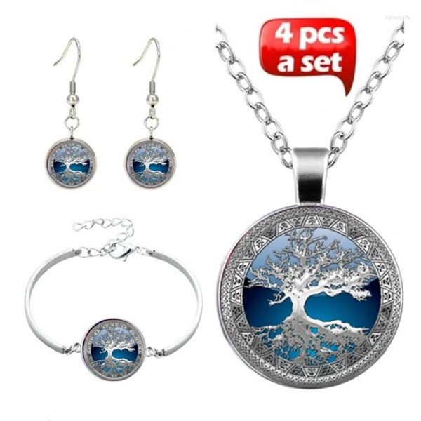 Pendientes del collar Conjunto de 4 PC/Set Glass Cabochon Bangle Life of Tree Art Picture Pendse Declaración para mujeres Joyas