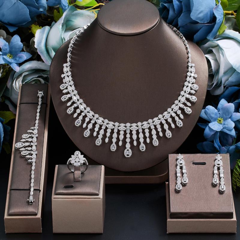 Ketting Oorbellen Set 4-delig Bruid Zirkonia Volledig Dames Feestsieraden Luxe Dubai Nigeria CZ Kristal Bruiloft