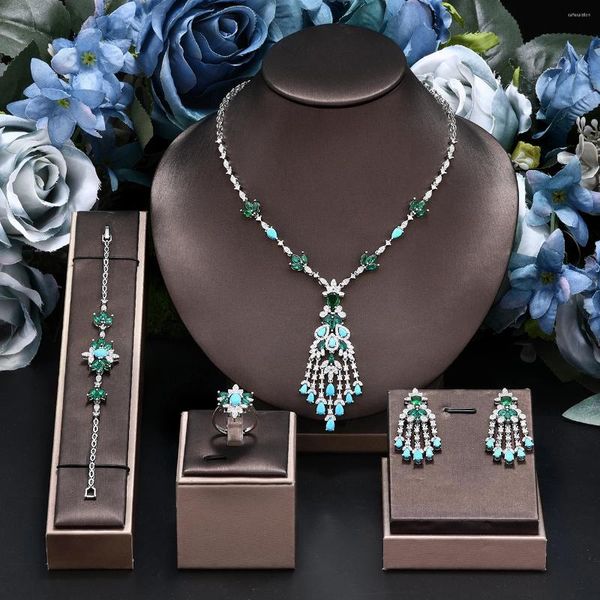Collier Boucles d'oreilles Ensemble de bijoux complet 4 pièces luxe turquoise cubique zircone de mariage robe nigéria dubaï.