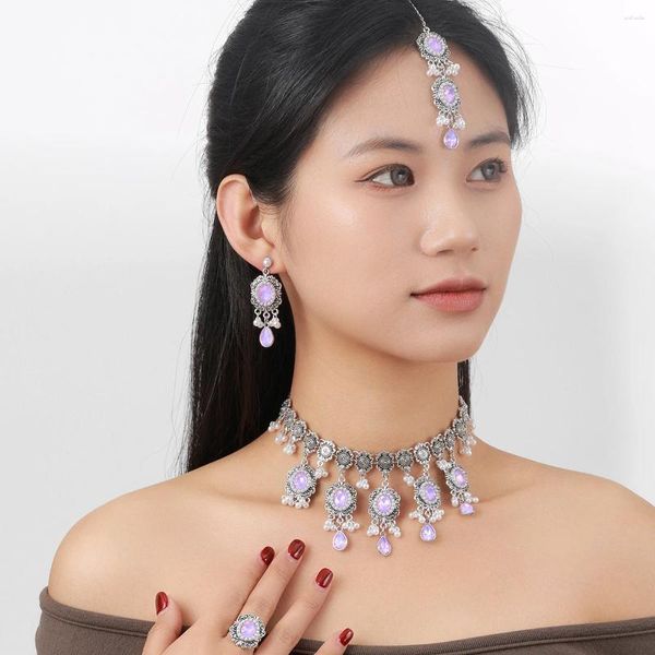 Collier Boucles d'oreilles Set 4 pièces Luxury Vintage Purple Crystal Fleurs Anneau Banquet Banquet Banquet Bijoux pour femmes