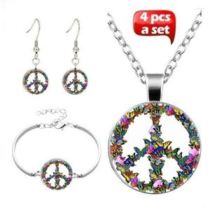 Boucles d'oreilles de collier régler 4 pièces de paix logo Pos Tibet Silver Convexe Bracelet de chaîne de pendentif en verre rond