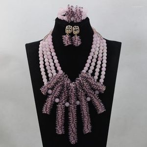 Ensemble de collier et boucles d'oreilles à 4 rangées, Bracelet de fête africaine, bijoux en pierre de cristal rose clair, ALJ967