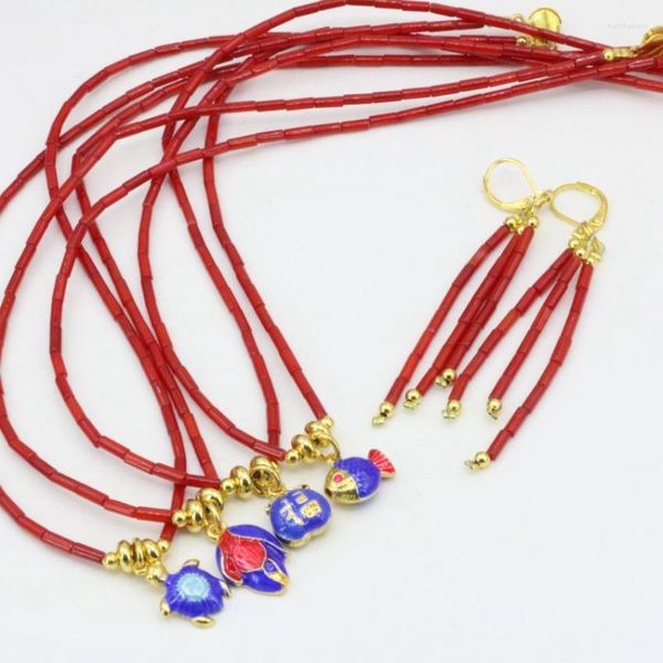 Ensemble de collier et boucles d'oreilles, 4 styles, Tube rouge corail naturel, perles de 2 à 7mm, bijoux, chaîne à pendentif cloisonné de couleur or, 18 pouces, B3241