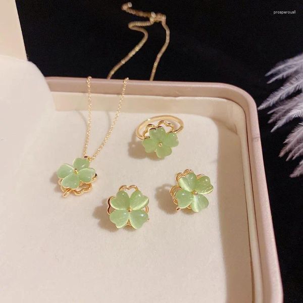 Ensemble de collier et boucles d'oreilles pour femmes, 4 pièces, trèfle vert, anti-Stress, anneau rotatif, pendentif, bijoux à la mode