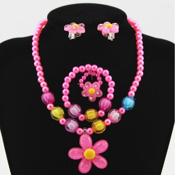 Conjunto de collar y pendientes, 4 Uds., perlas de imitación para niña, cuentas de caramelo, pulsera de flores, anillos, regalo para niños, cumpleaños