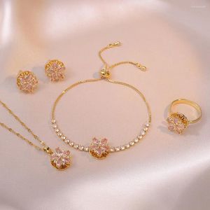 Conjunto de collar y pendientes para mujer, 4 Uds., circonita rosa, anillo de flor alegre, pulseras con pasador, Color dorado, fiesta, regalo de boda nupcial