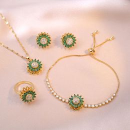 Ensemble de boucles d'oreilles et collier pour femmes, 4 pièces, pierre verte rotative, bague tournesol, couleur or, Zircon, fête de mariée