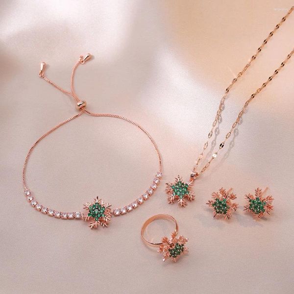 Conjunto de collar y pendientes para mujer, 4 Uds., anillo giratorio de pulsera de piedra verde con copo de nieve, Color oro rosa, regalo de boda y Navidad