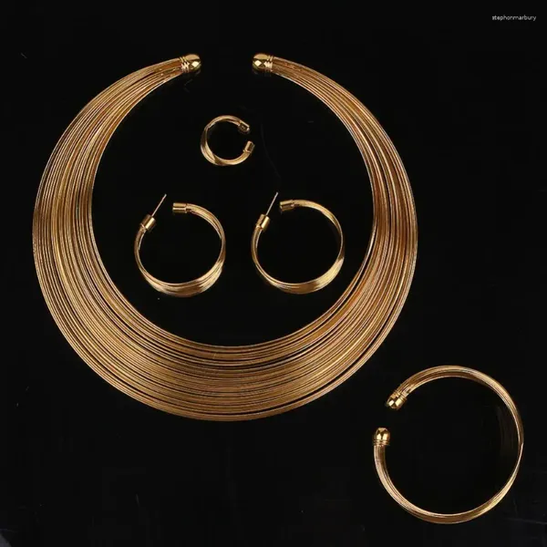 Conjunto de collar y pendientes, 4 unidades/juego, exótico, círculo nupcial nigeriano, pulsera, anillo, joyería, Bisuteria para Mujer